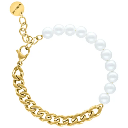 Chunky Pearl Armband mit goldener Kette und weißen Perlen auf weißem Hintergrund
