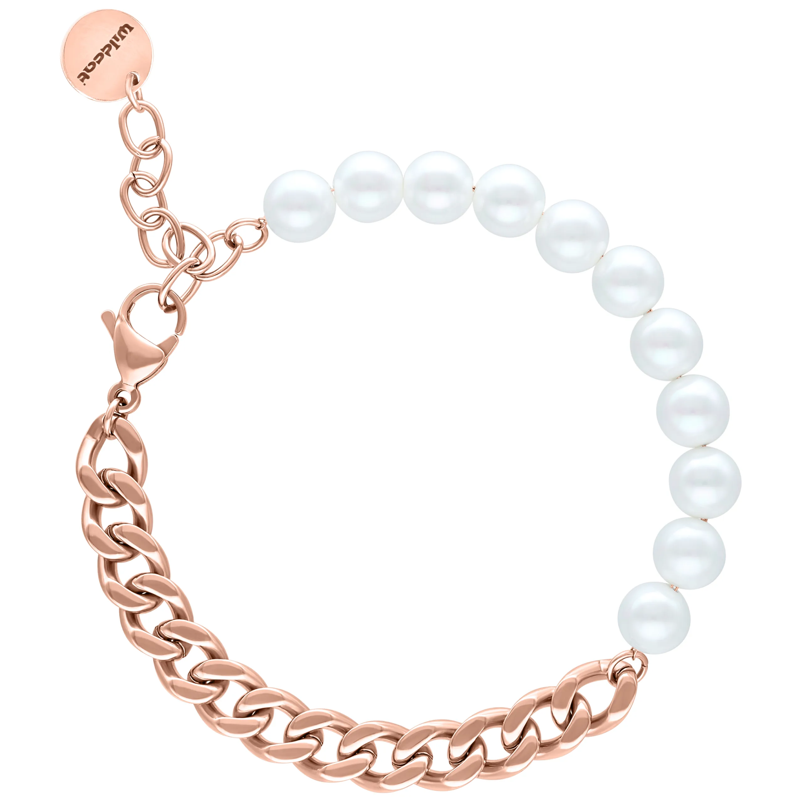 Roségoldenes Armband mit großen Perlen auf weißem Hintergrund