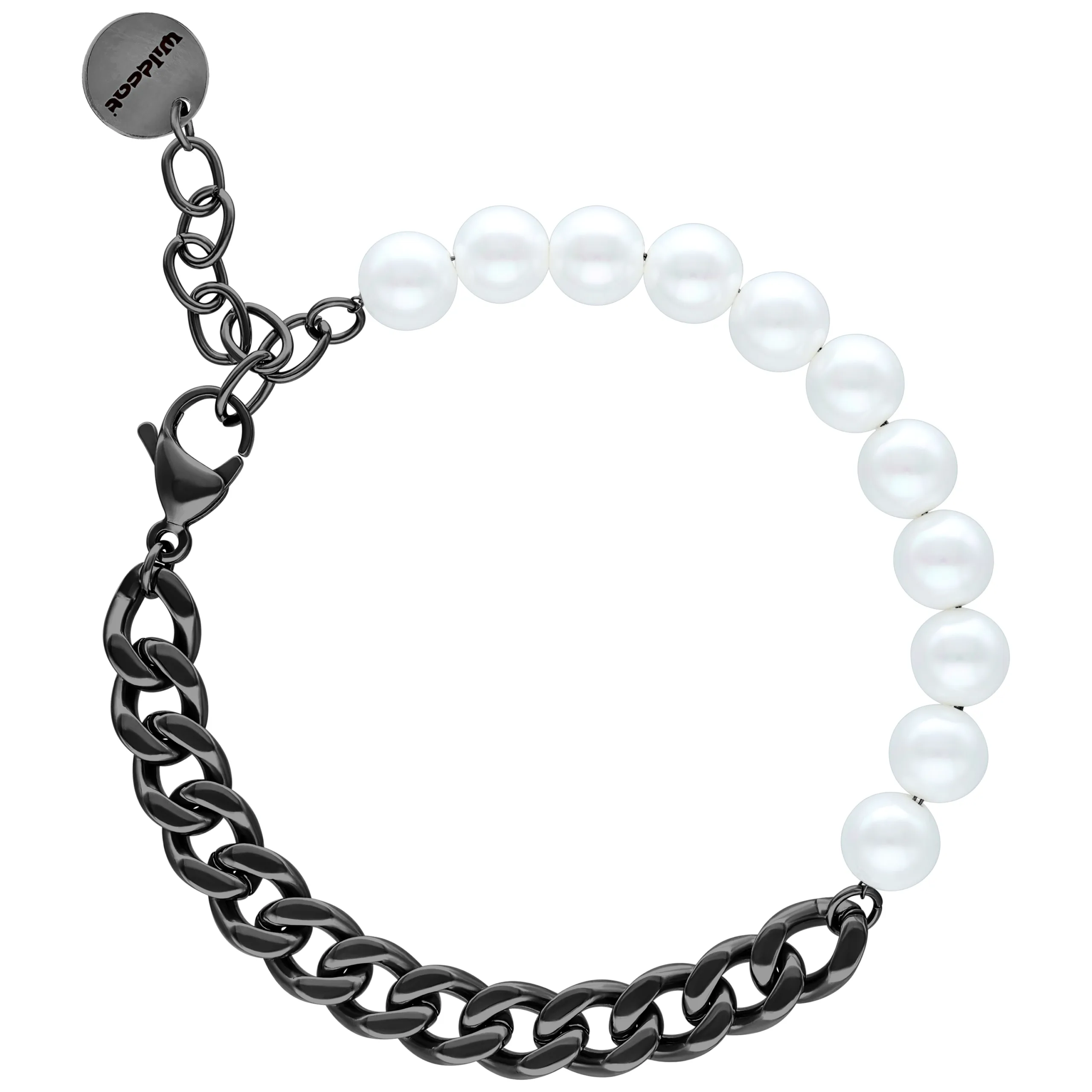 Unisex Armband mit weißen Perlen und schwarzer Metallkette auf weißem Hintergrund