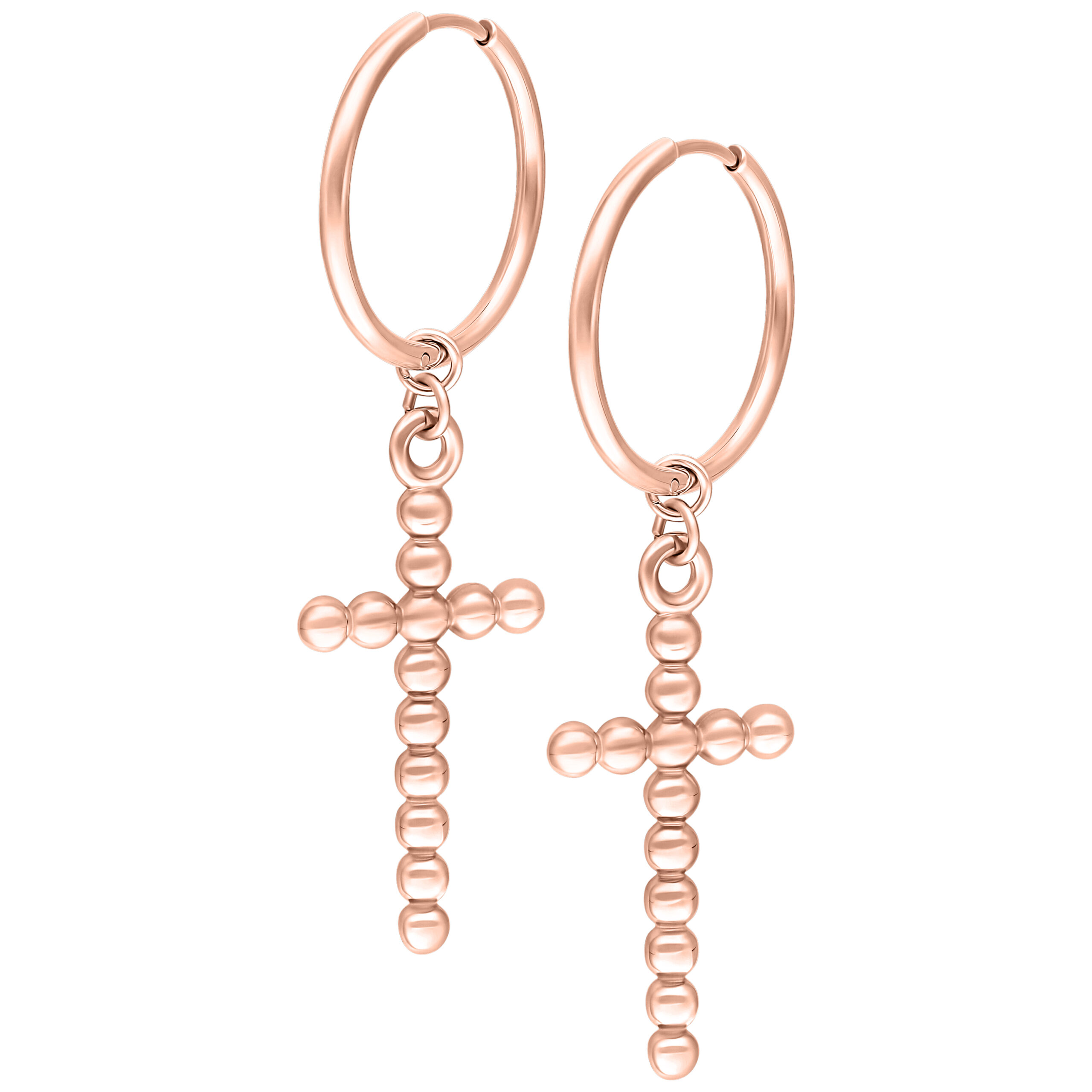 Zwei roségoldene Ohrringe mit kreuzförmigem Design aus kleinen Kugeln auf weißem Hintergrund