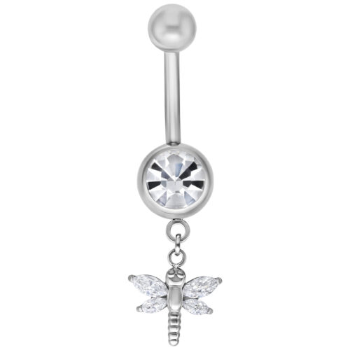Silbernes Bauchnabelpiercing mit Libellen-Anhänger und klarem Kristall auf weißem Hintergrund