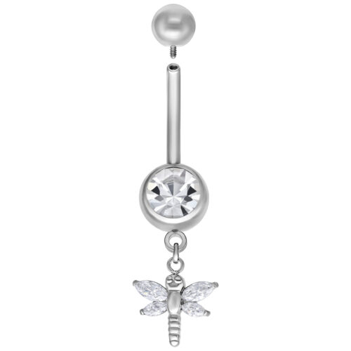 Silbernes Bauchnabelpiercing mit Libellen-Anhänger und kristallklarem Stein, 8,0 mm