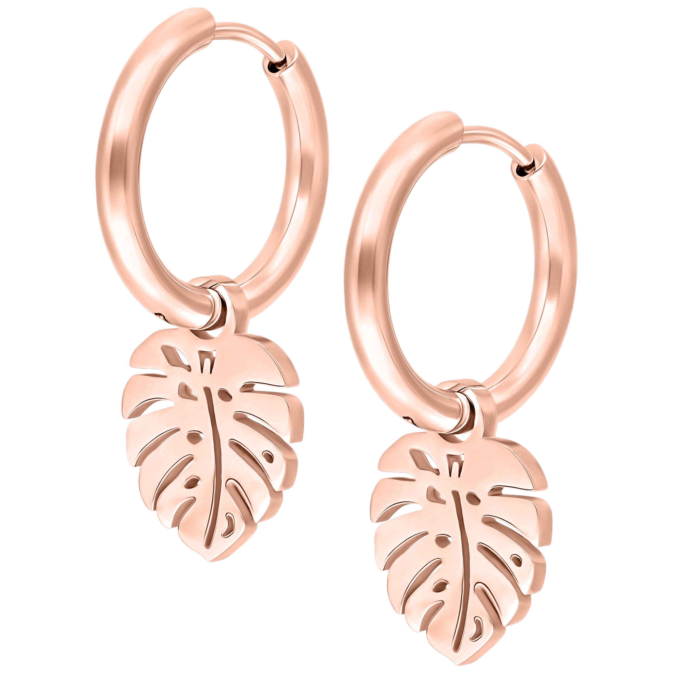 Roségoldene Monstera Blatt Ohrringe auf weißem Hintergrund