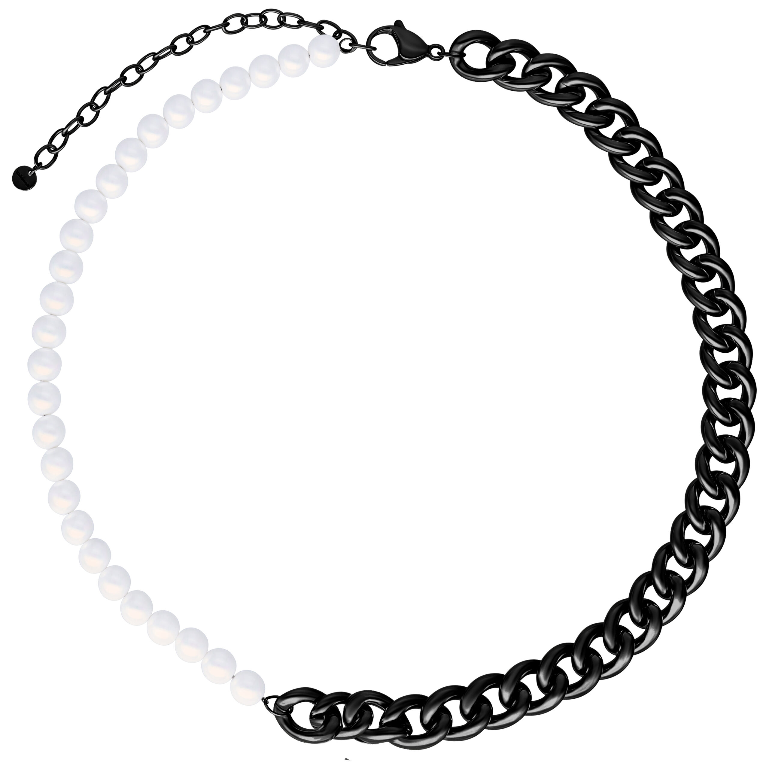 Chunky Pearl Kette mit schwarzen Metallgliedern und weißen Perlen auf weißem Hintergrund