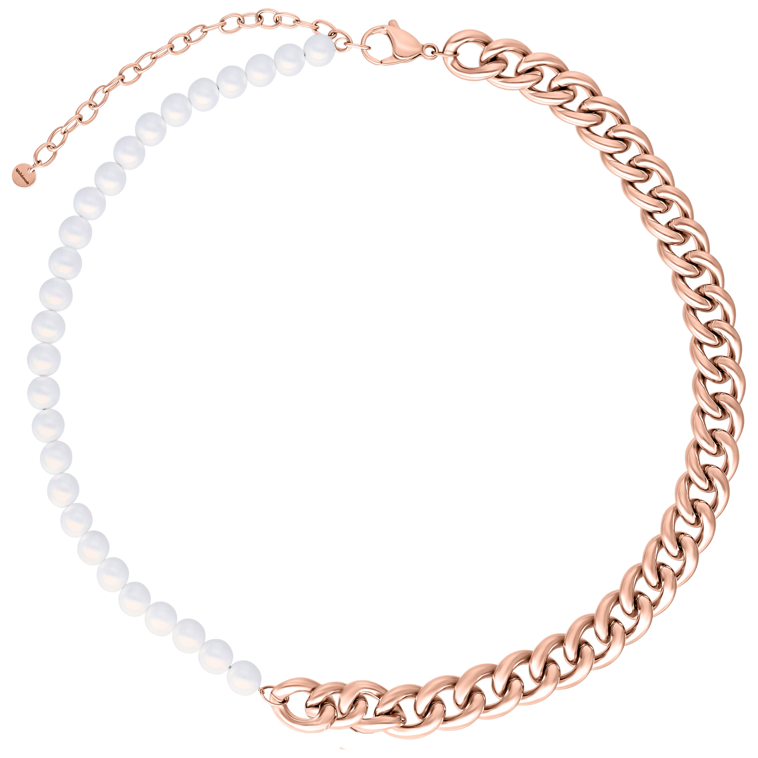 Roségoldene Chunky Pearl Kette mit weißen Perlen auf weißem Hintergrund