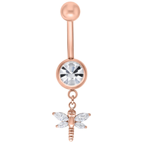 Bauchnabelpiercing in Roségold mit klaren Kristallen und Libellenanhänger auf weißem Hintergrund