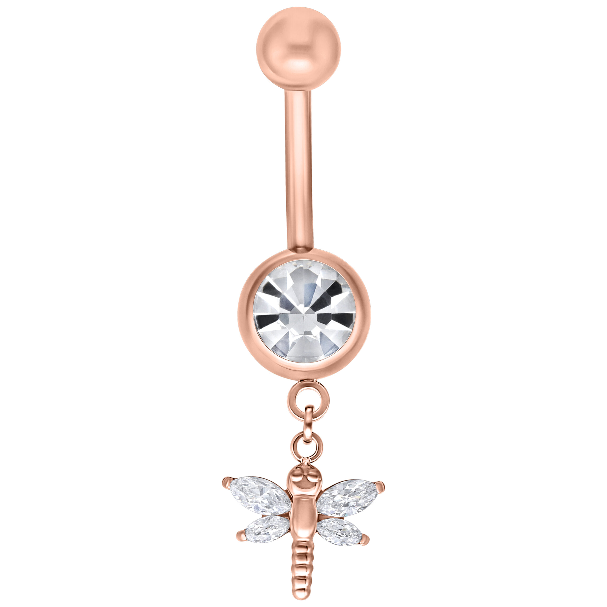 Bauchnabelpiercing in Roségold mit klaren Kristallen und Libellenanhänger auf weißem Hintergrund