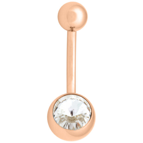 Roségoldenes Bauchnabelpiercing mit kristallklarem Stein auf weißem Hintergrund