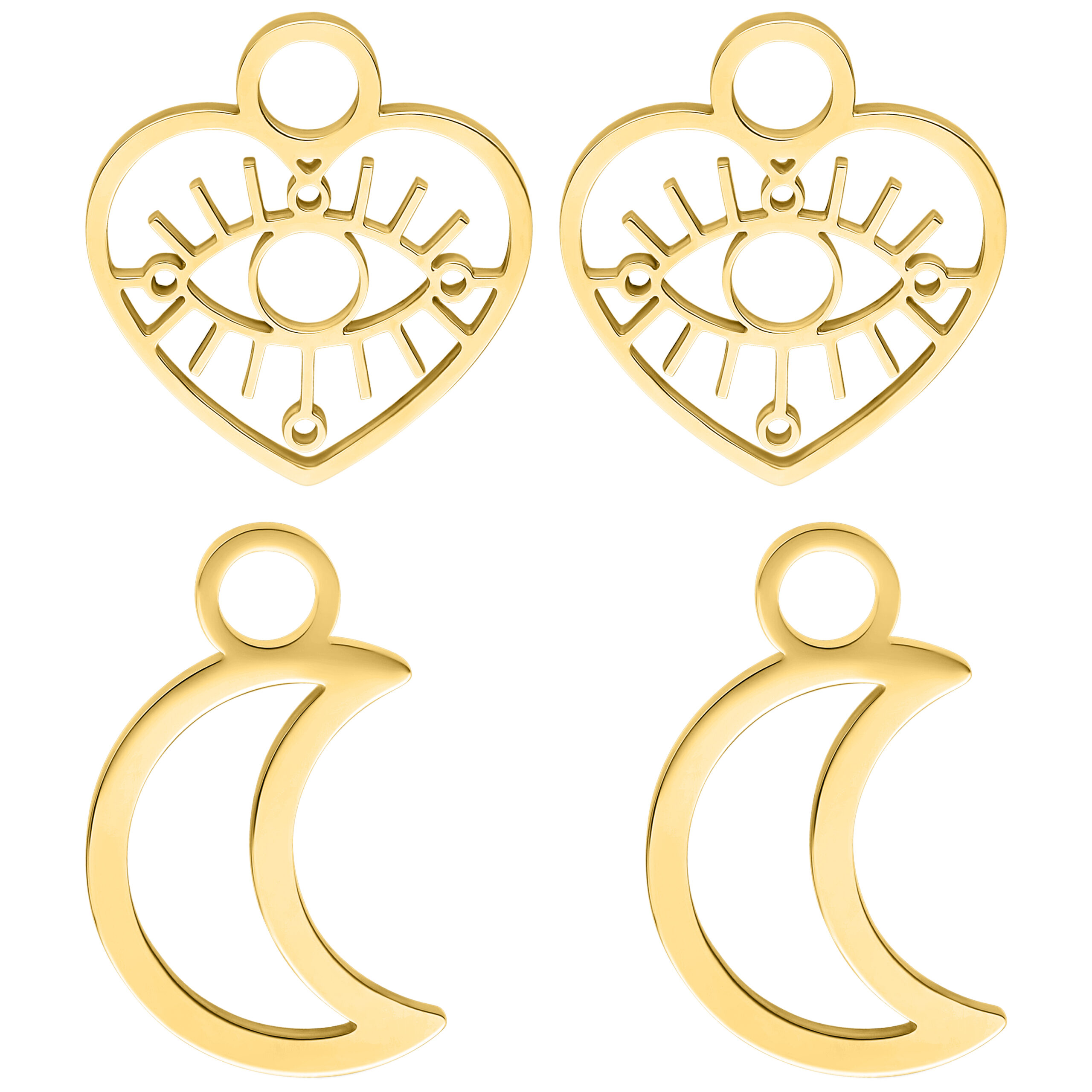 Vier goldene Anhänger aus Chirurgenstahl, Herzform mit Auge und Halbmond.
