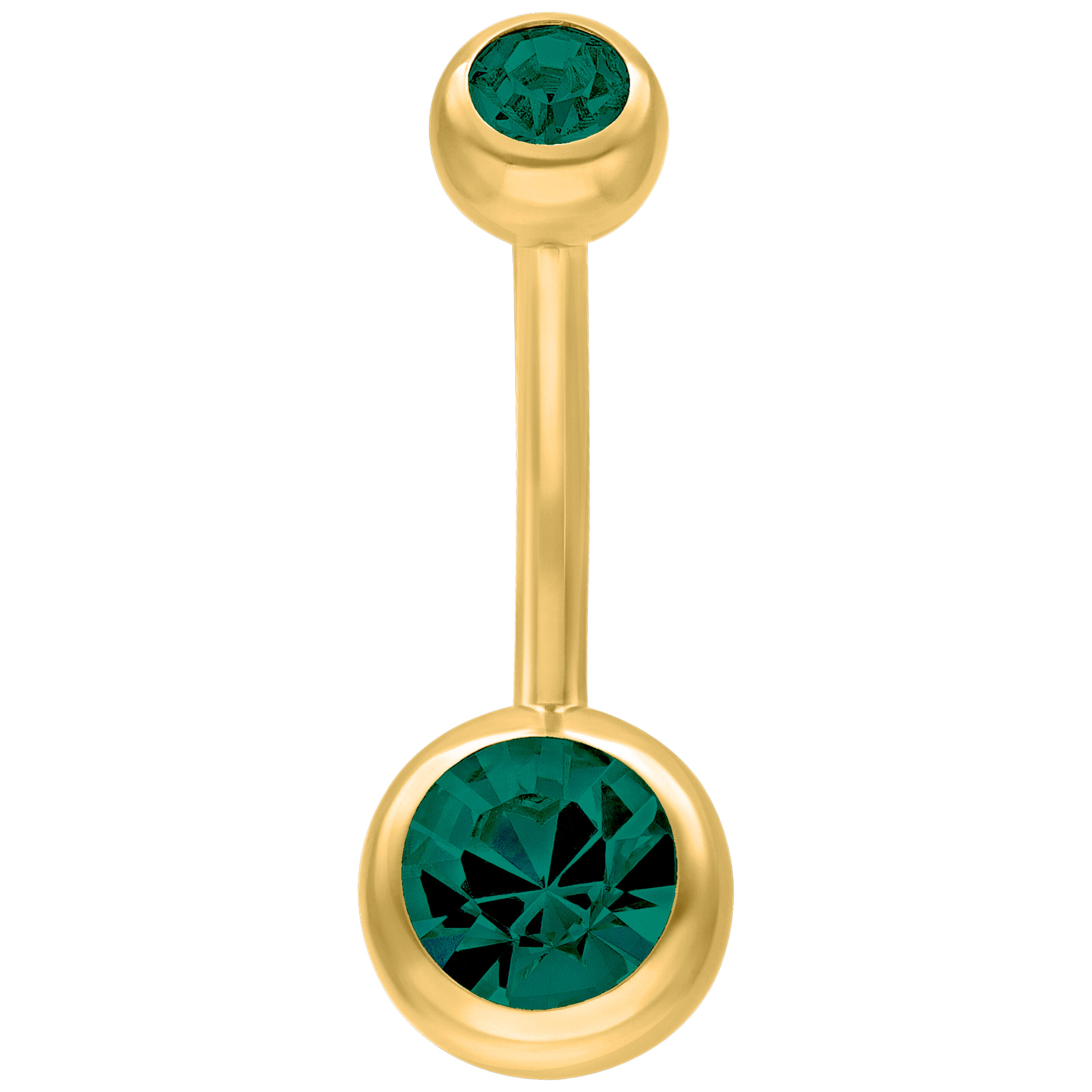 Goldenes Bauchnabelpiercing mit smaragdgrünen Kristallen auf weißem Hintergrund