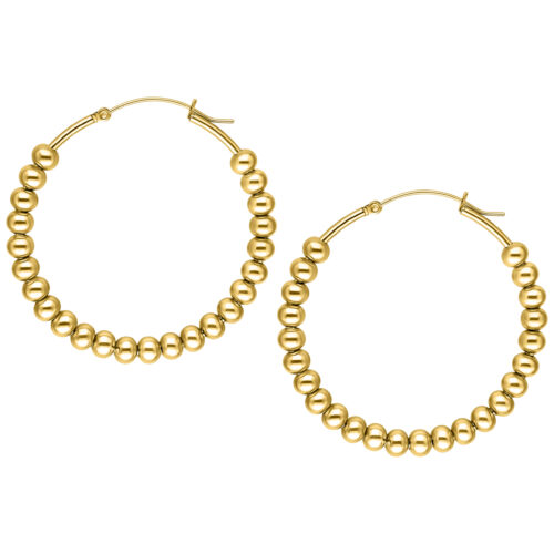Zwei goldene Bubble Hoops Ohrringe aus Chirurgenstahl auf weißem Hintergrund