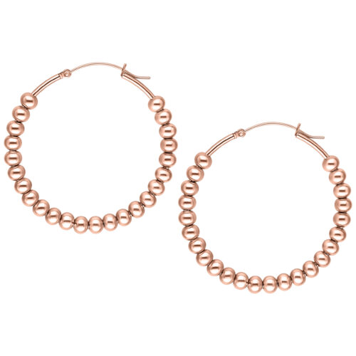 Zwei roségoldene Bubble Hoops Ohrringe auf weißem Hintergrund