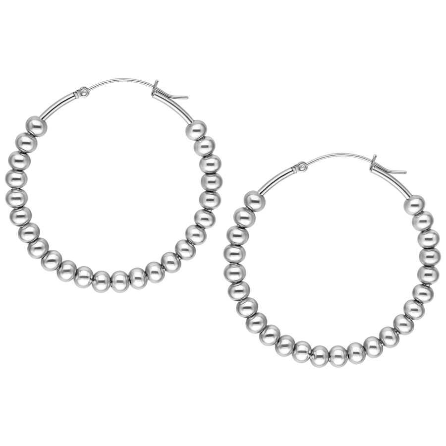 Zwei silberne Bubble Hoops Ohrringe aus Chirurgenstahl auf weißem Hintergrund
