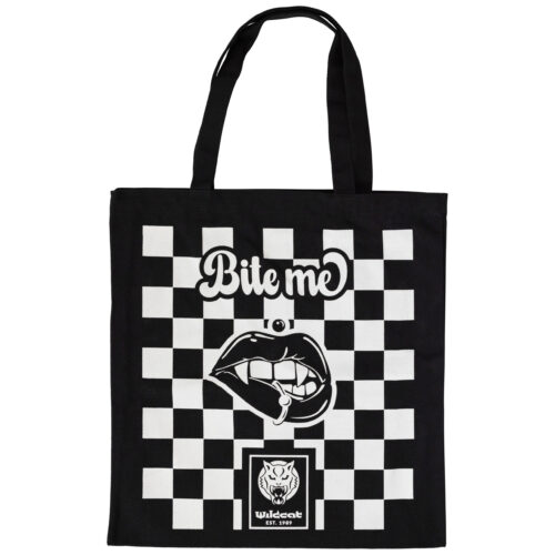 Schwarze Baumwolltasche mit weißem Schachbrettmuster und 'Bite Me' Schriftzug