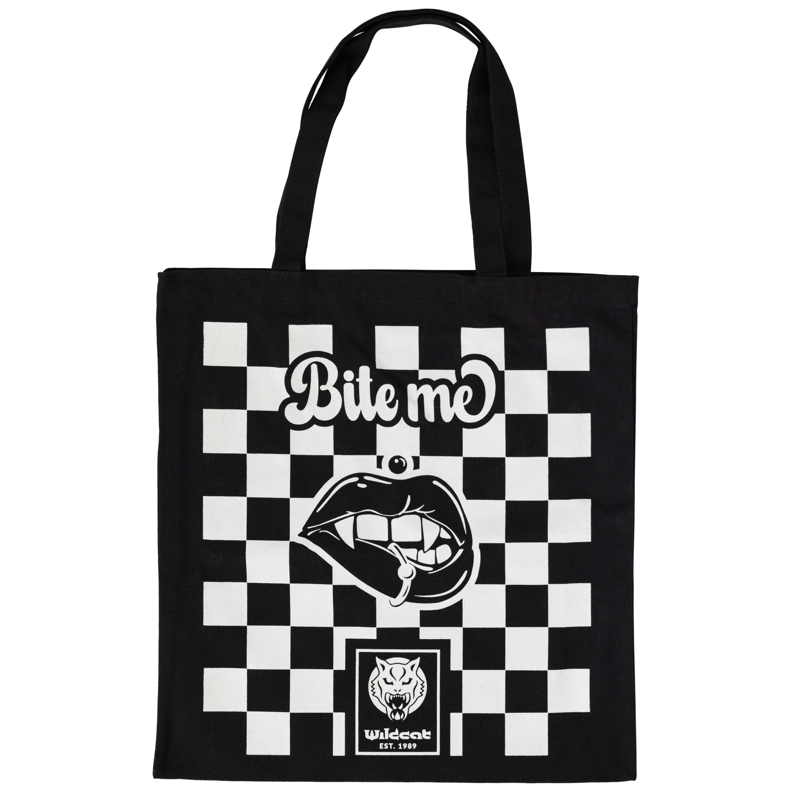Schwarze Wildcat Baumwolltasche mit Print Schwarze Baumwolltasche mit weißem Schachbrettmuster und 'Bite Me' Schriftzug