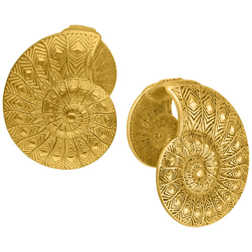Goldene Ear Cuffs in Fossilform aus Chirurgenstahl, 12 mm Durchmesser, detailreich graviert