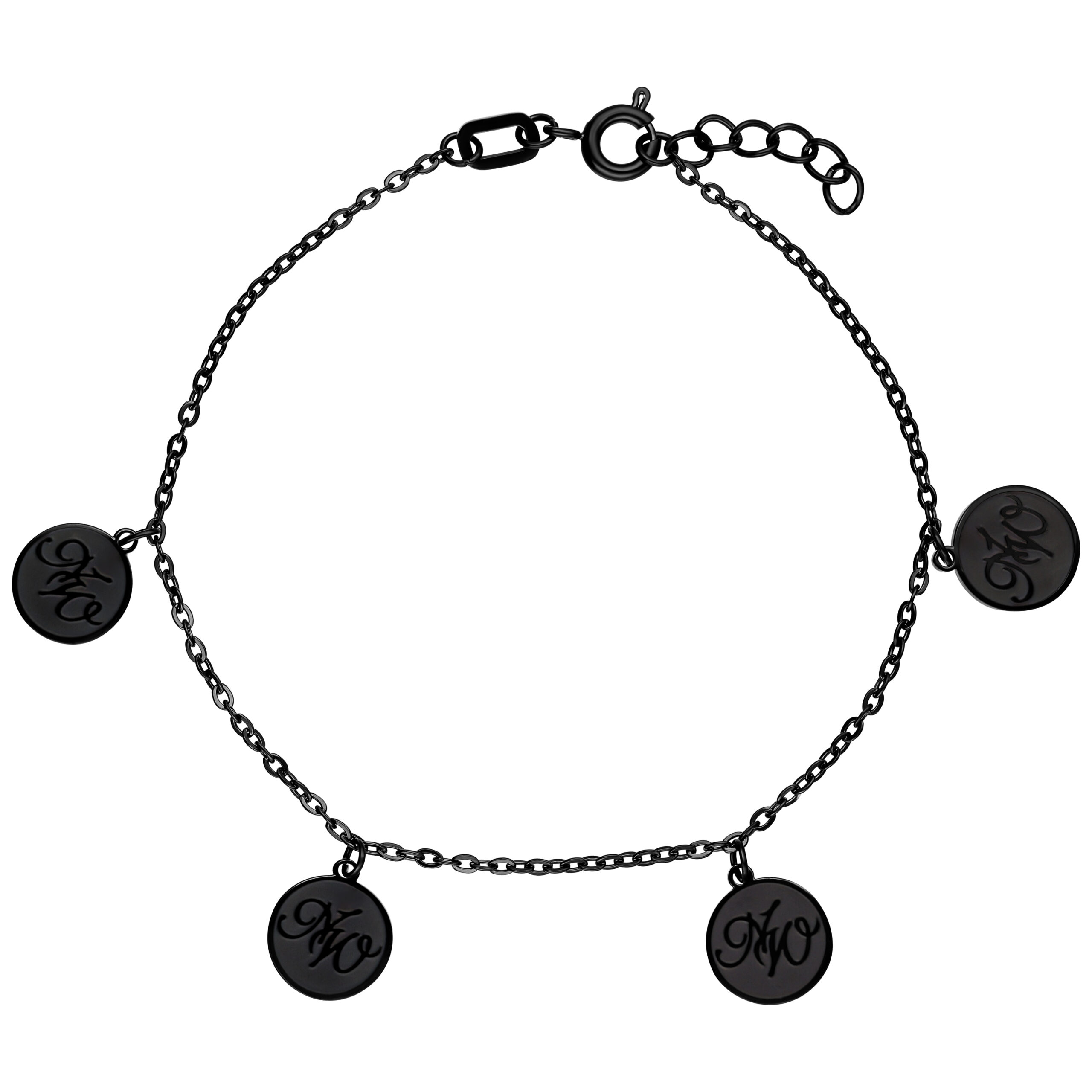 Schwarzes Armband mit Nightwish-Charms auf weißem Hintergrund