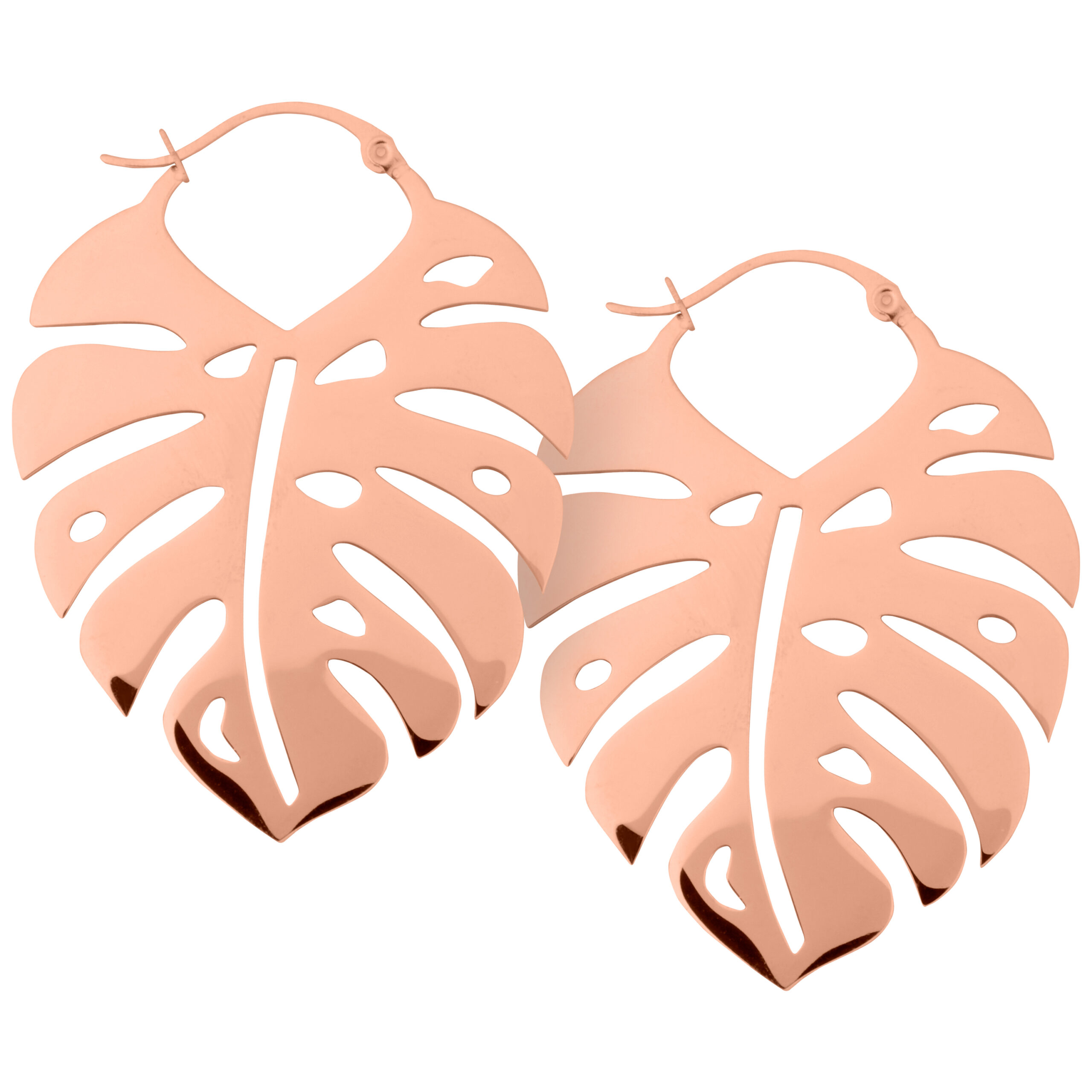 Zwei glänzende Monstera Leaf Ohrringe in Roségold auf weißem Hintergrund