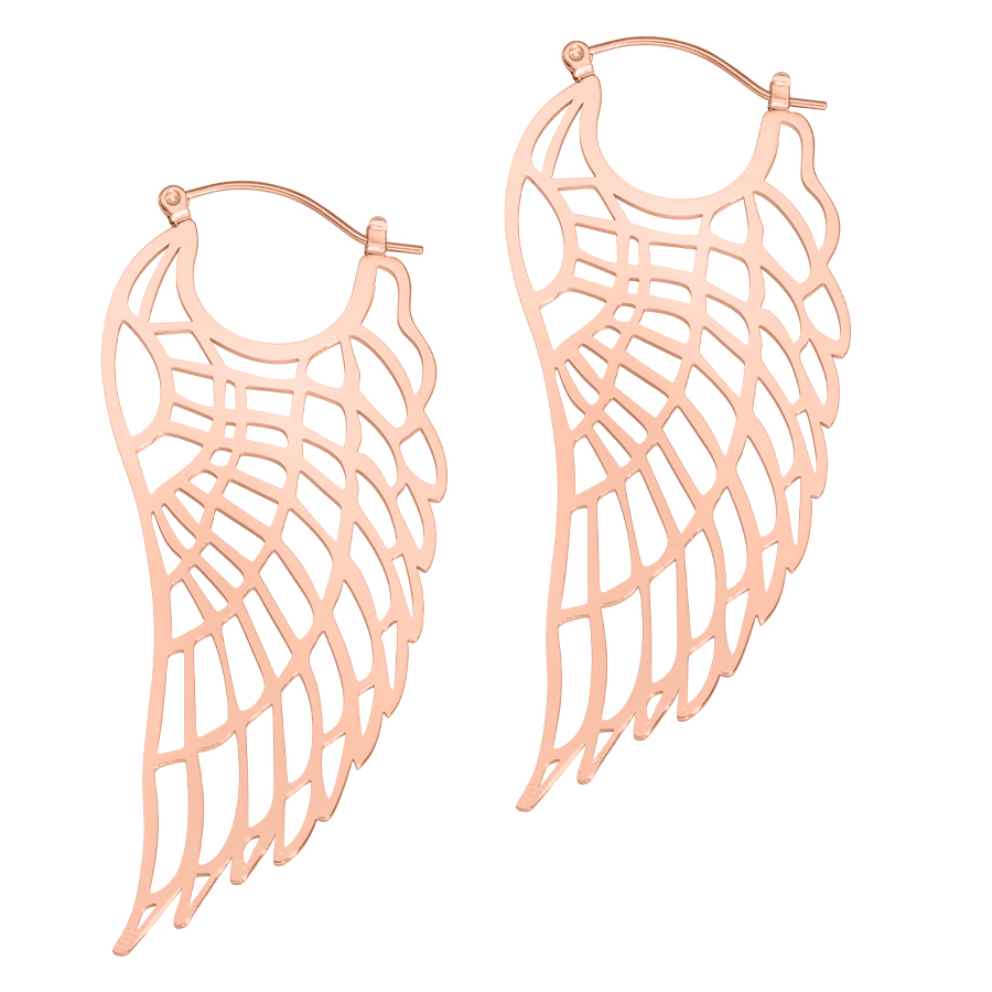 Zwei roségoldene Wing Hoops aus hochglanzpoliertem Chirurgenstahl auf weißem Hintergrund