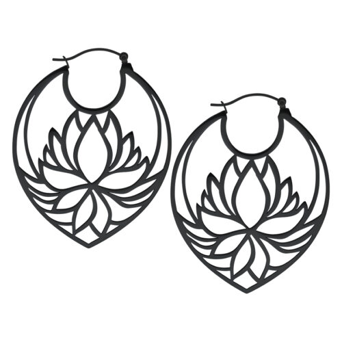 Schwarze Lily Hoops Ohrringe aus Chirurgenstahl, Klappverschluss, lotusförmig