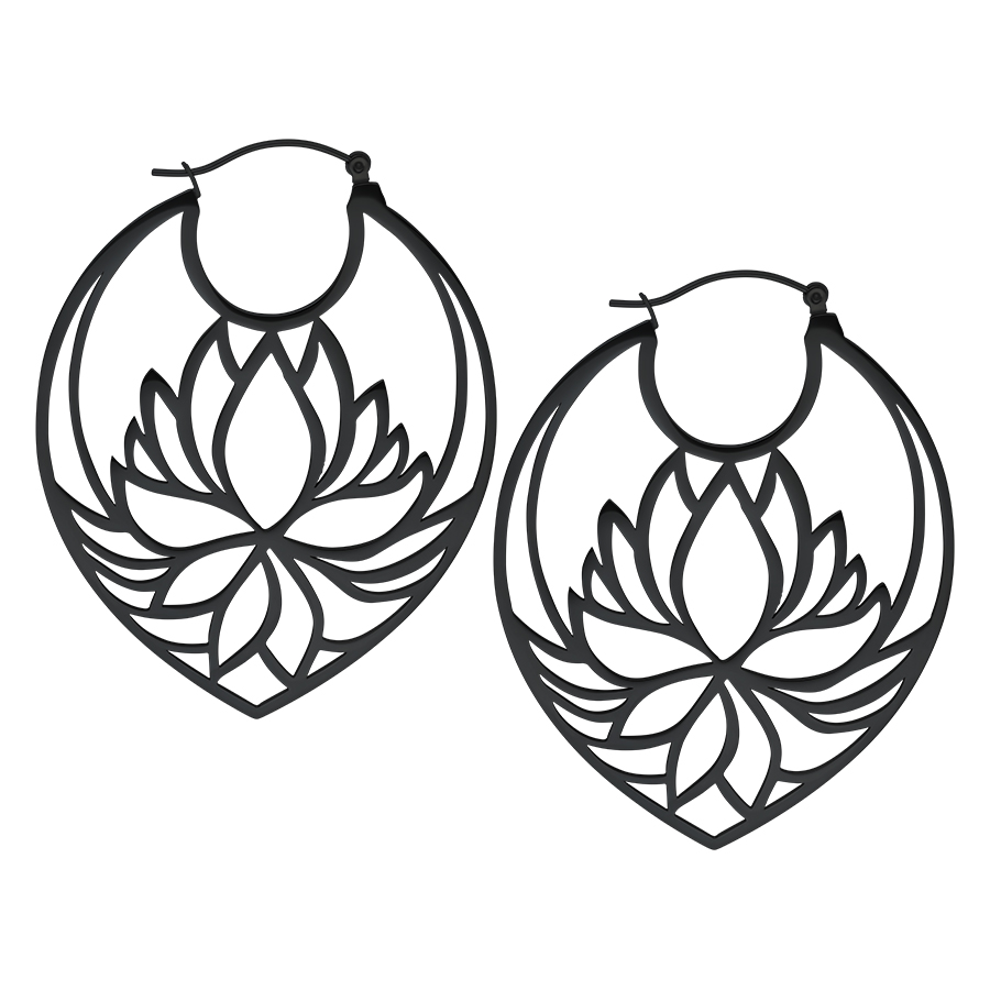 Schwarze Lily Hoops Ohrringe aus Chirurgenstahl, Klappverschluss, lotusförmig