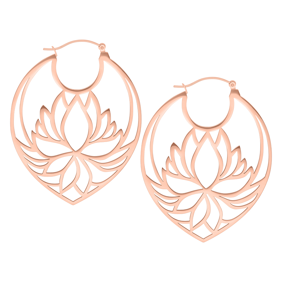 Roségoldene Lotus Hoops Ohrringe mit Klappverschluss auf weißem Hintergrund