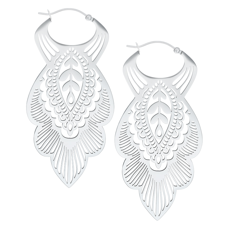 Mandala Leaf Hoops<!--5c66c9151f30b--> - Silvercoloured Metal