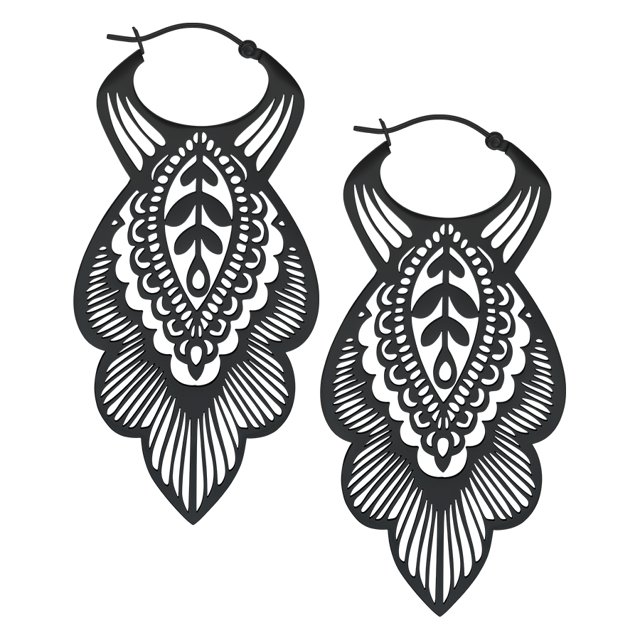 Mandala Leaf Hoops<!--5c66c9151f30b--> - Black Metal