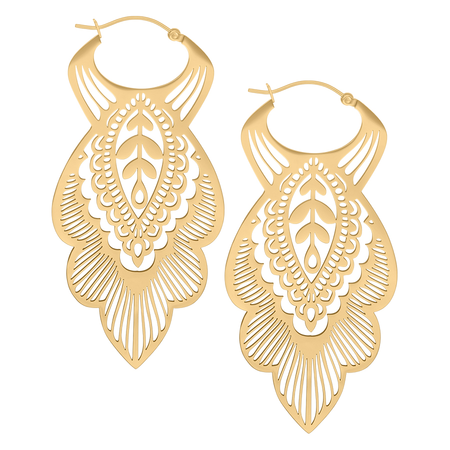 Mandala Leaf Hoops<!--5c66c9151f30b--> - Golden Metal