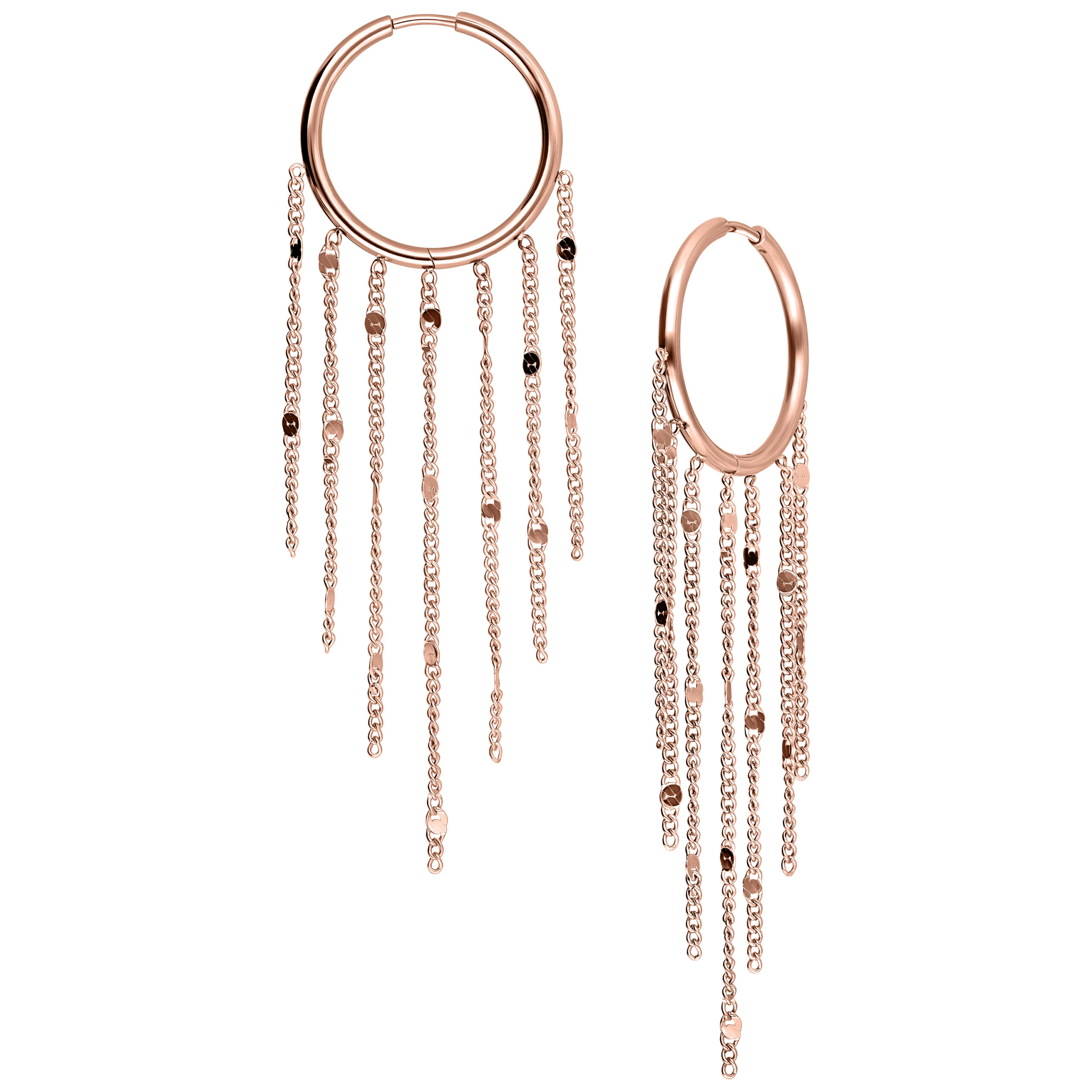 Roségoldene Ohrringe mit Quasten-Design auf weißem Hintergrund