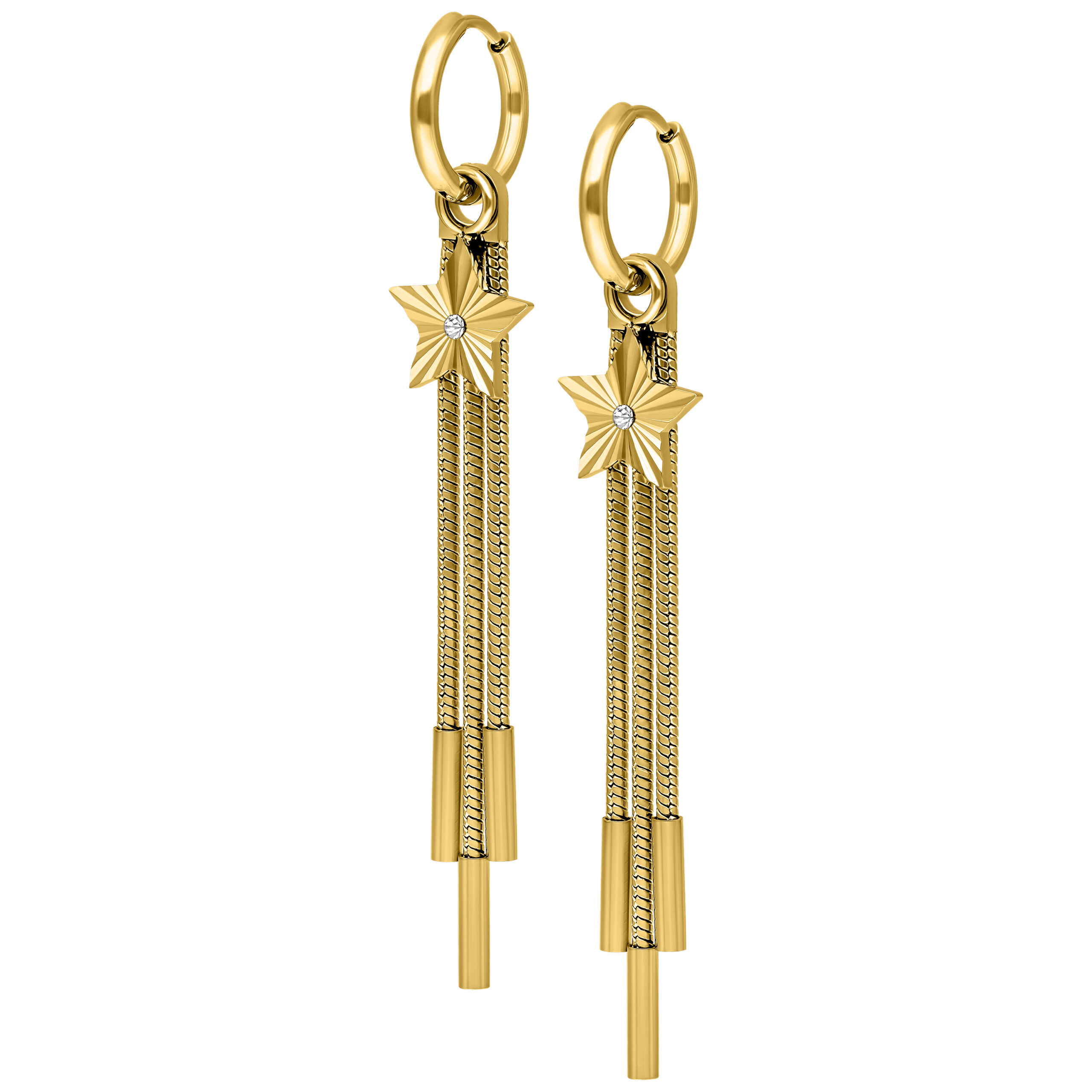 Goldene Ohrringe mit Sternmotiv und glänzender Oberfläche auf weißem Hintergrund