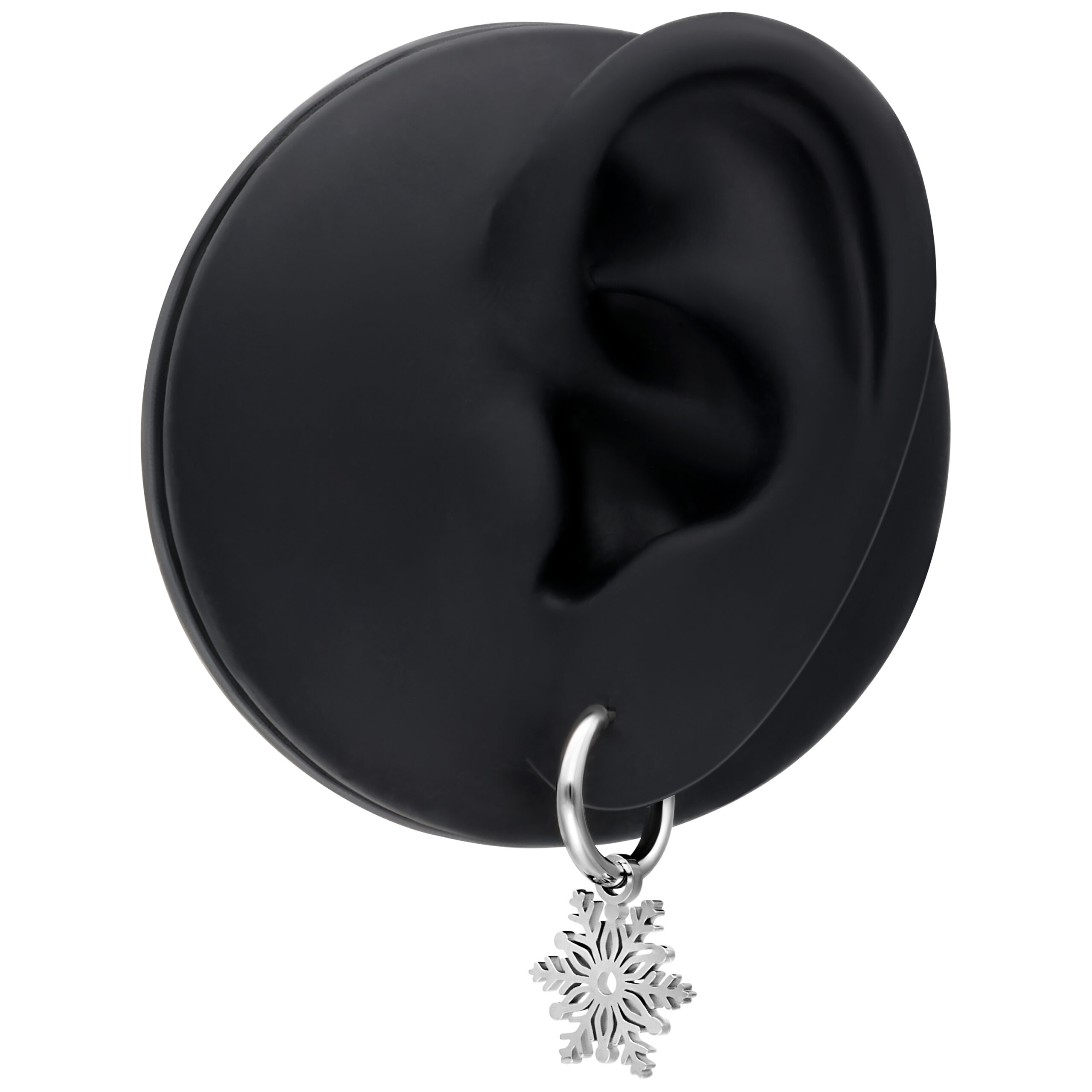 Silberne Little Snowflake Hoops Ohrringe Silberne Ohrringe mit Schneeflockenanhänger an schwarzem Ohrmodell