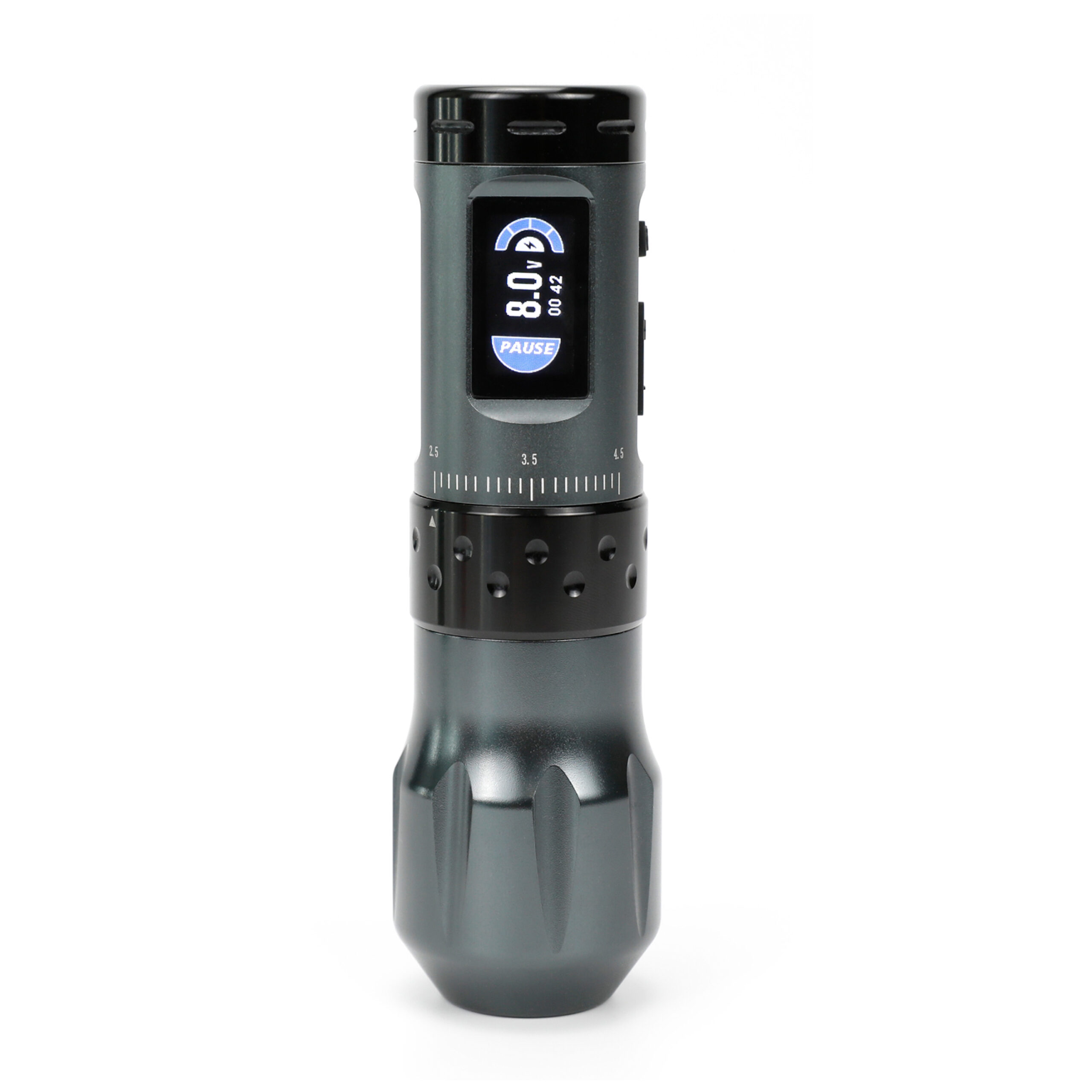 Ava Wireless Pen Machine Grau mit 38 mm Griff Graue kabellose Tattoomaschine mit 38 mm Griff auf weißem Hintergrund