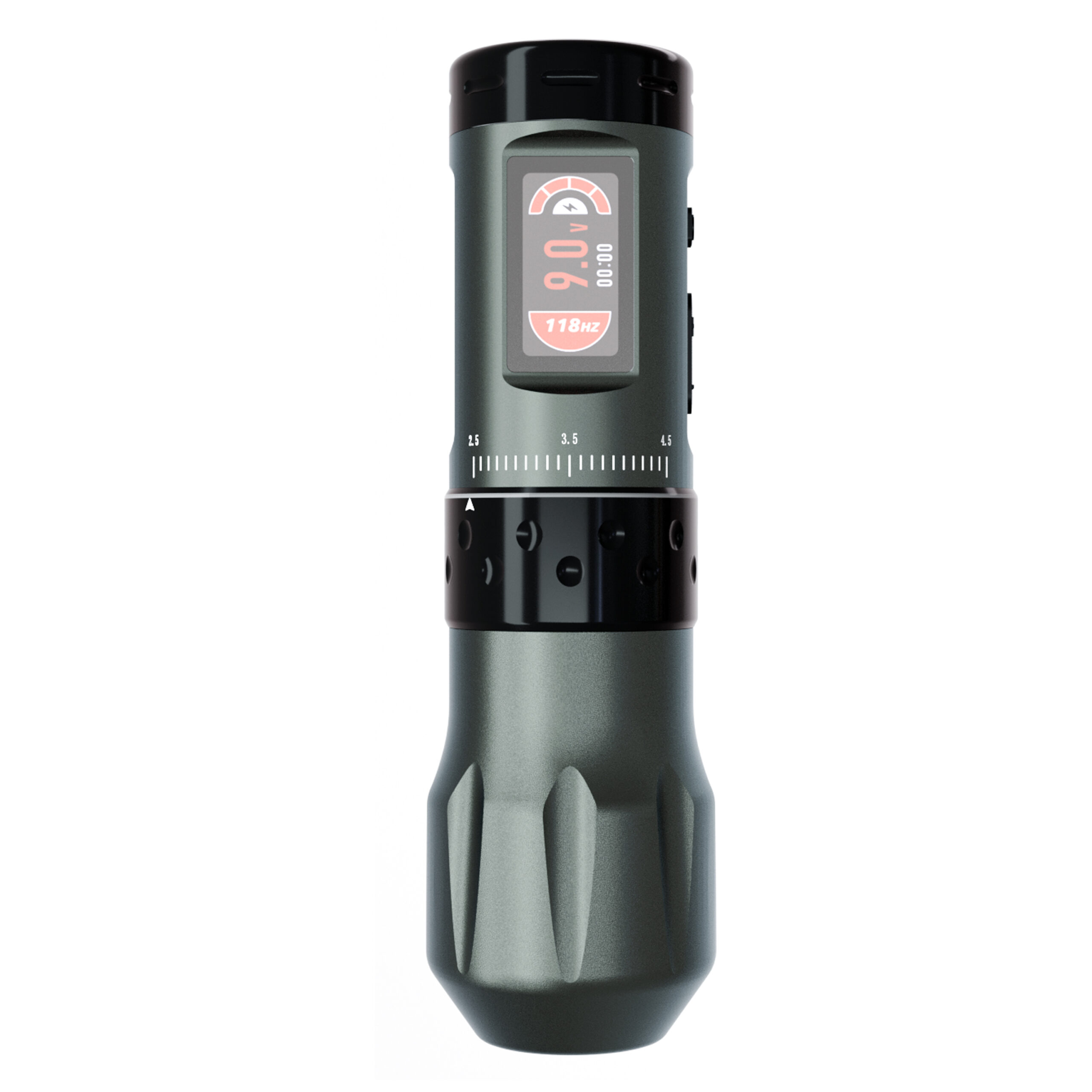 Ava Wireless Pen Machine in Grau mit Griff Graue kabellose Tattoomaschine mit digitalem Display auf weißem Hintergrund