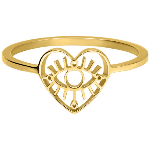 Goldener Ring mit Herz und Auge Design auf weißem Hintergrund