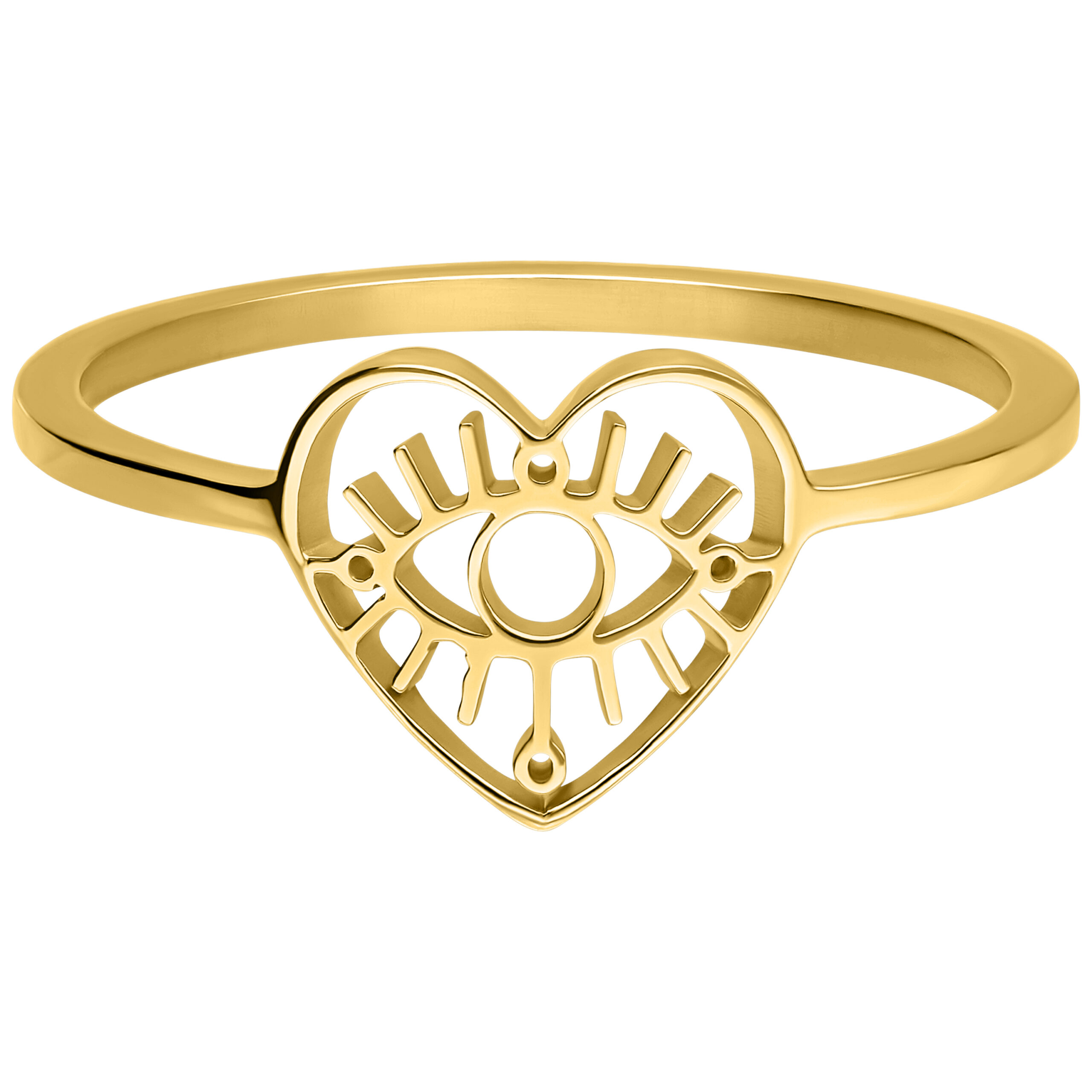 Goldener Ring mit Herz und Auge Design auf weißem Hintergrund