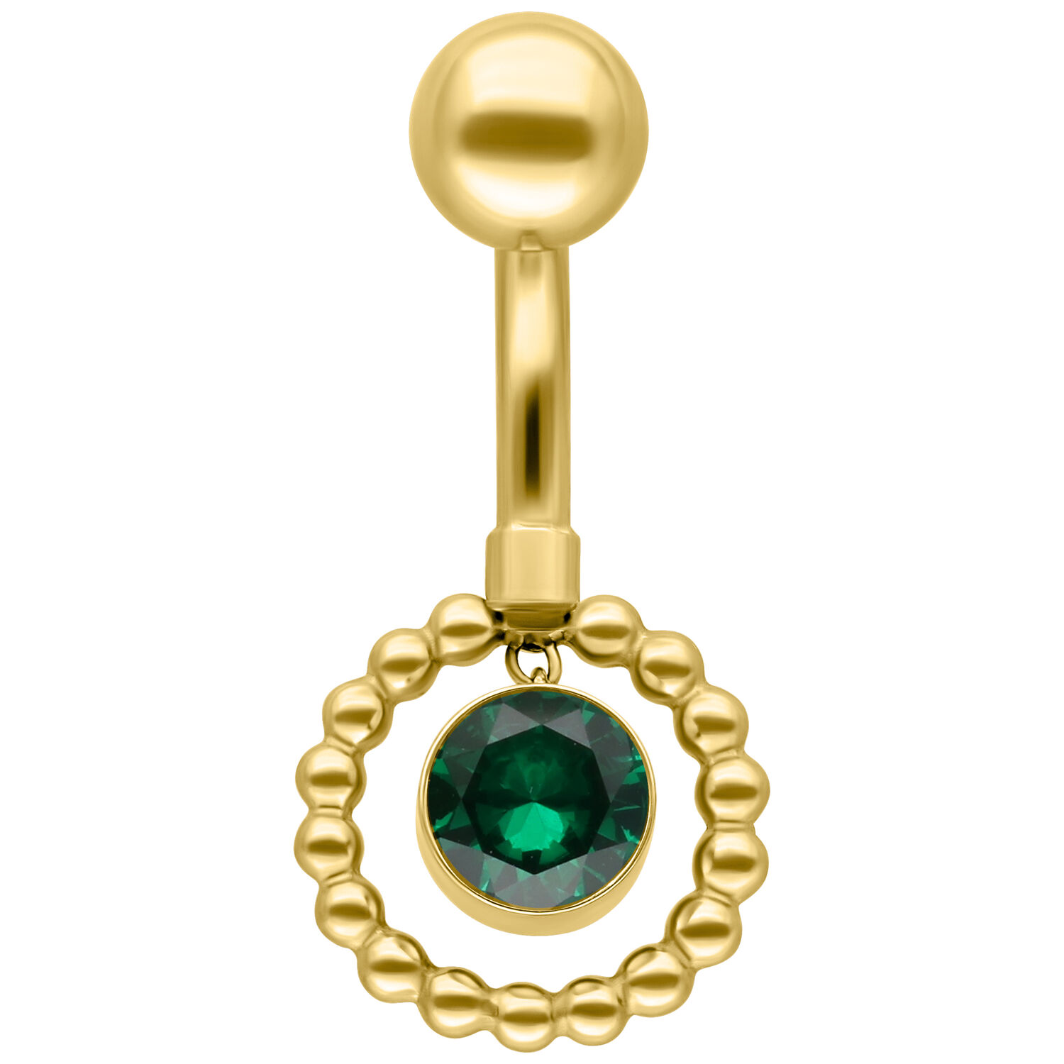 Goldenes Bauchnabelpiercing mit smaragdgrünem Kristallanhänger auf weißem Hintergrund