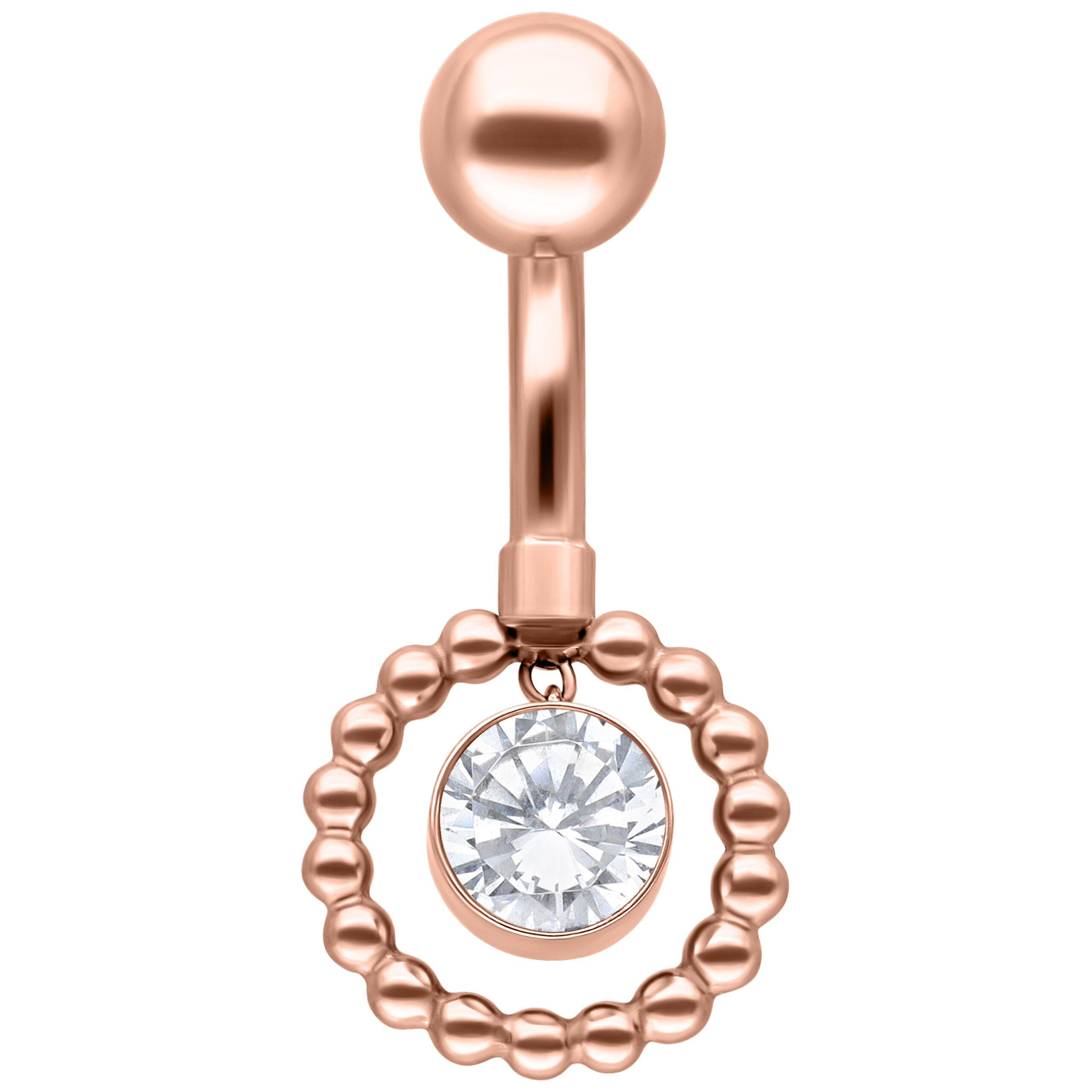 Roségoldenes Bauchnabelpiercing mit kristallklarem Stein und Kugeldesign auf weißem Hintergrund