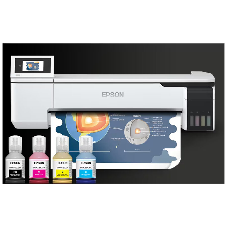 Weißer Epson SureColor SC-T3100x Drucker mit Tintenflaschen auf schwarzem Hintergrund