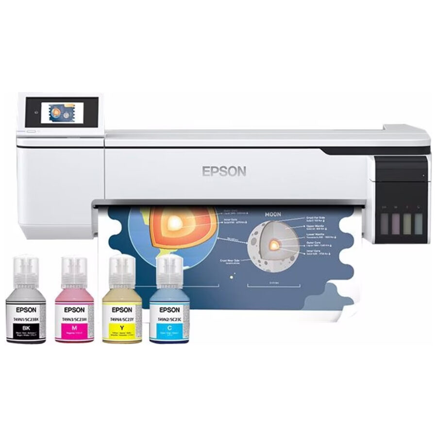 Weißer Epson Großformatdrucker mit vier Tintenflaschen auf weißem Hintergrund