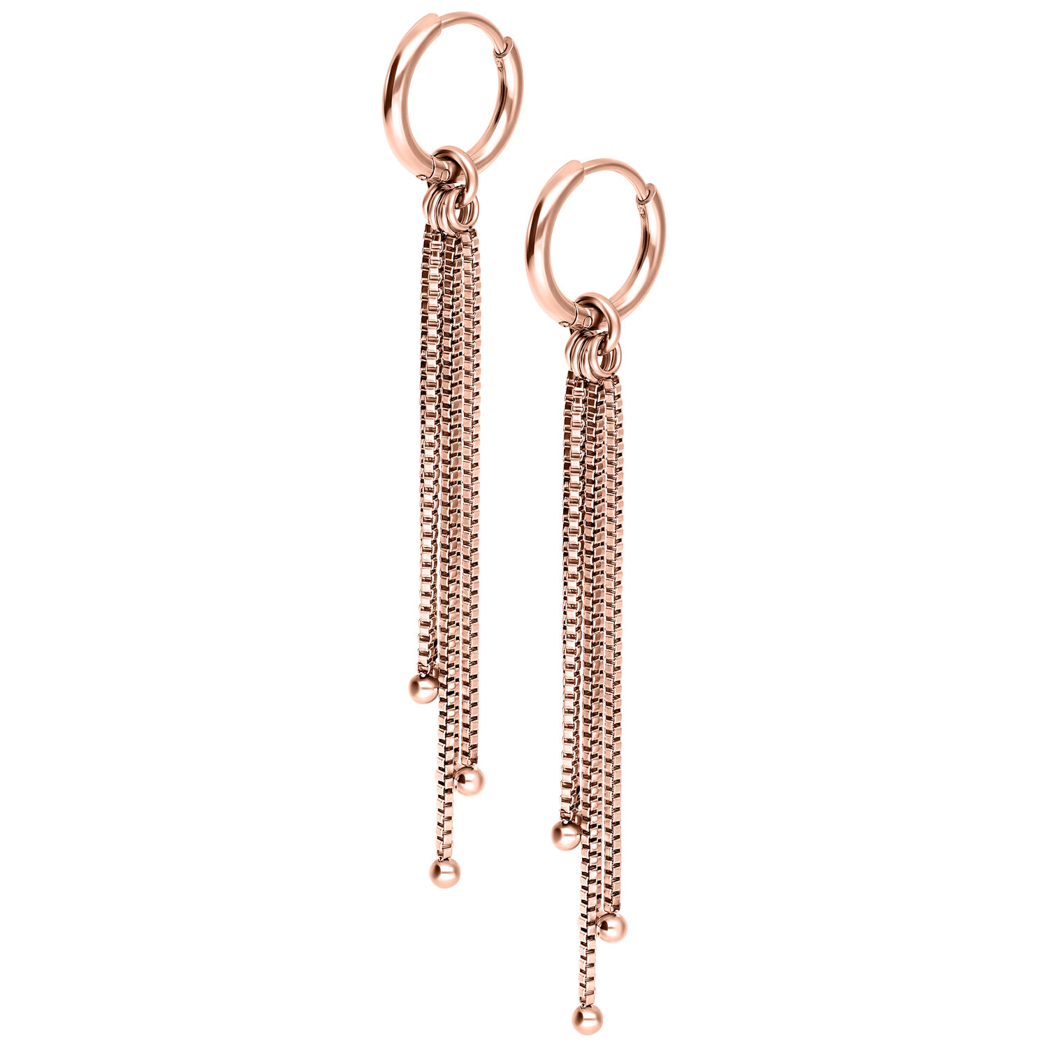 Roségoldene Ohrringe mit venezianischer Kette und Klappverschluss auf weißem Hintergrund