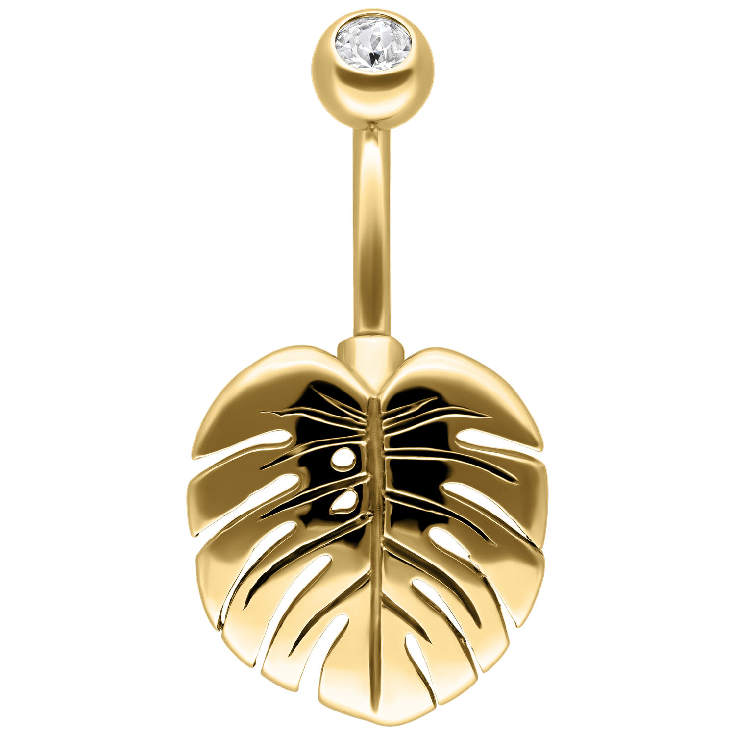 Goldenes Bauchnabelpiercing in Monstera-Form mit klarem Kristall auf weißem Hintergrund