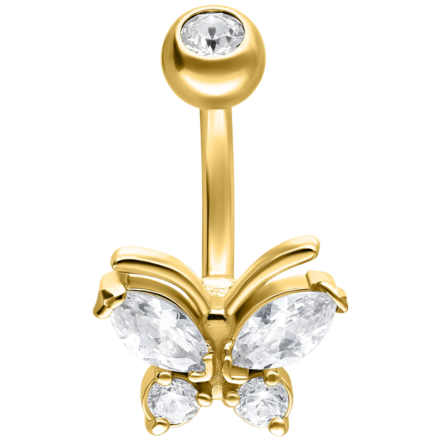 Goldenes Bauchnabelpiercing in Schmetterlingsform mit klaren Kristallen auf weißem Hintergrund