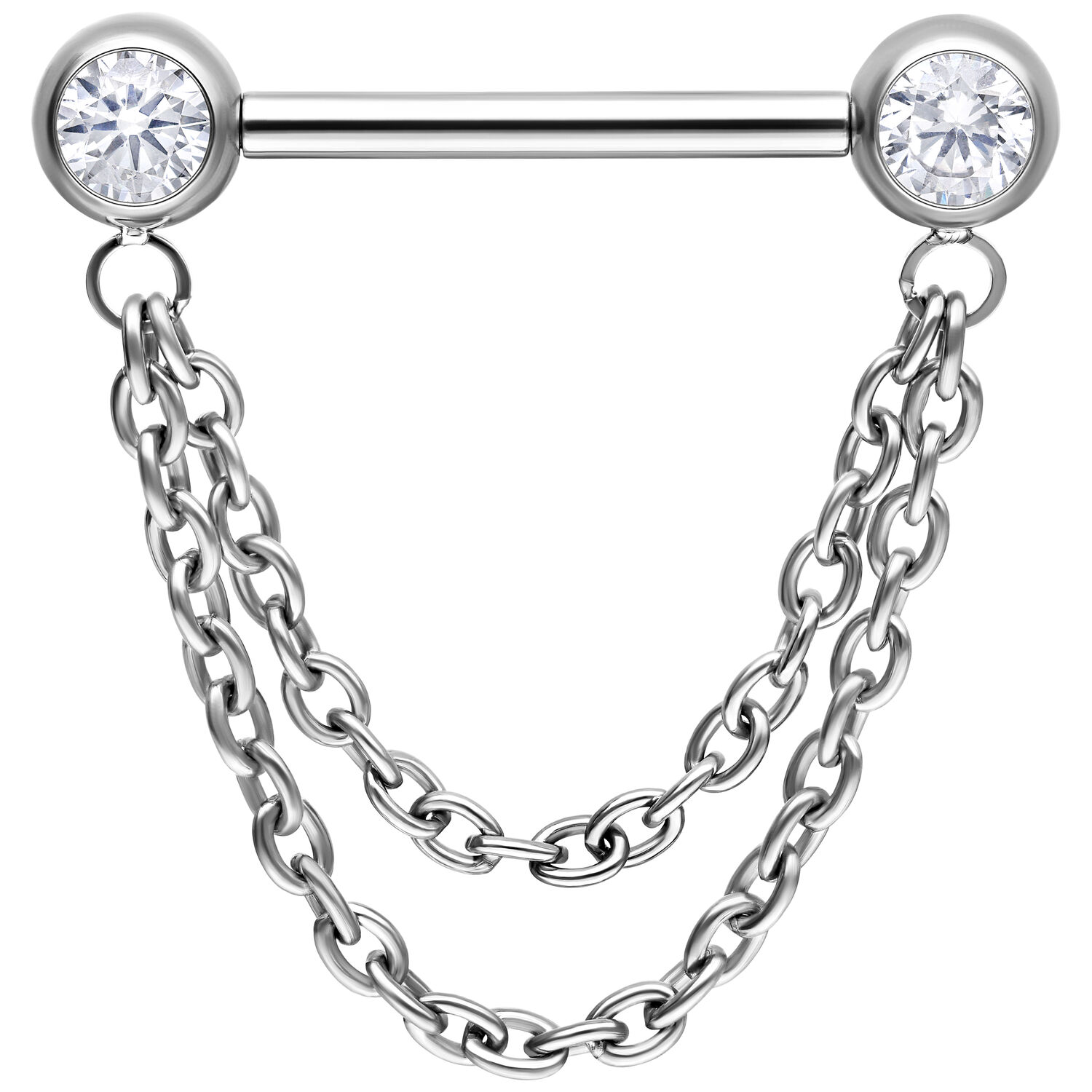 Silberner Nippel Barbell aus Titan mit zwei glänzenden Zirkonia und doppelt hängenden Ketten auf weißem Hintergrund