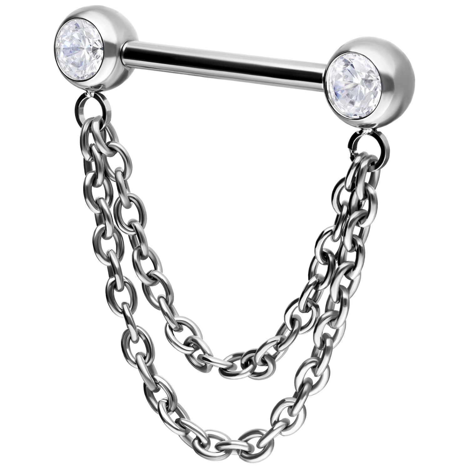 Silberner Nippel Barbell mit zwei Ketten und Kristallen auf weißem Hintergrund