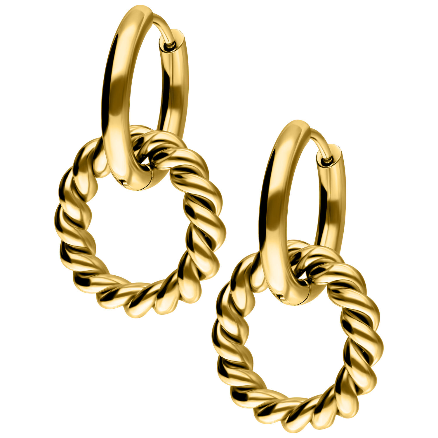 Paar vergoldeter Twisted Circle Hoops mit gedrehtem Design auf weißem Hintergrund