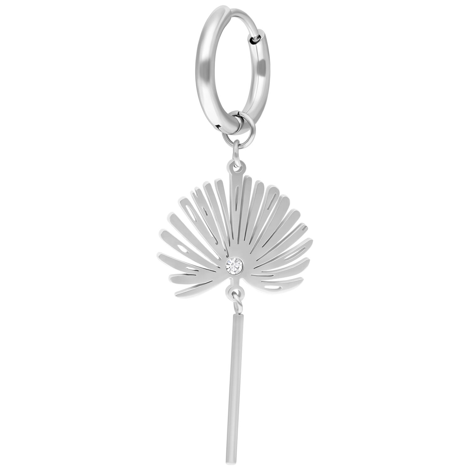 Silberne Ohrschmuck Hoops mit Anhänger Silberner Ohrring mit rundem Reifen und floralem Anhänger auf weißem Hintergrund