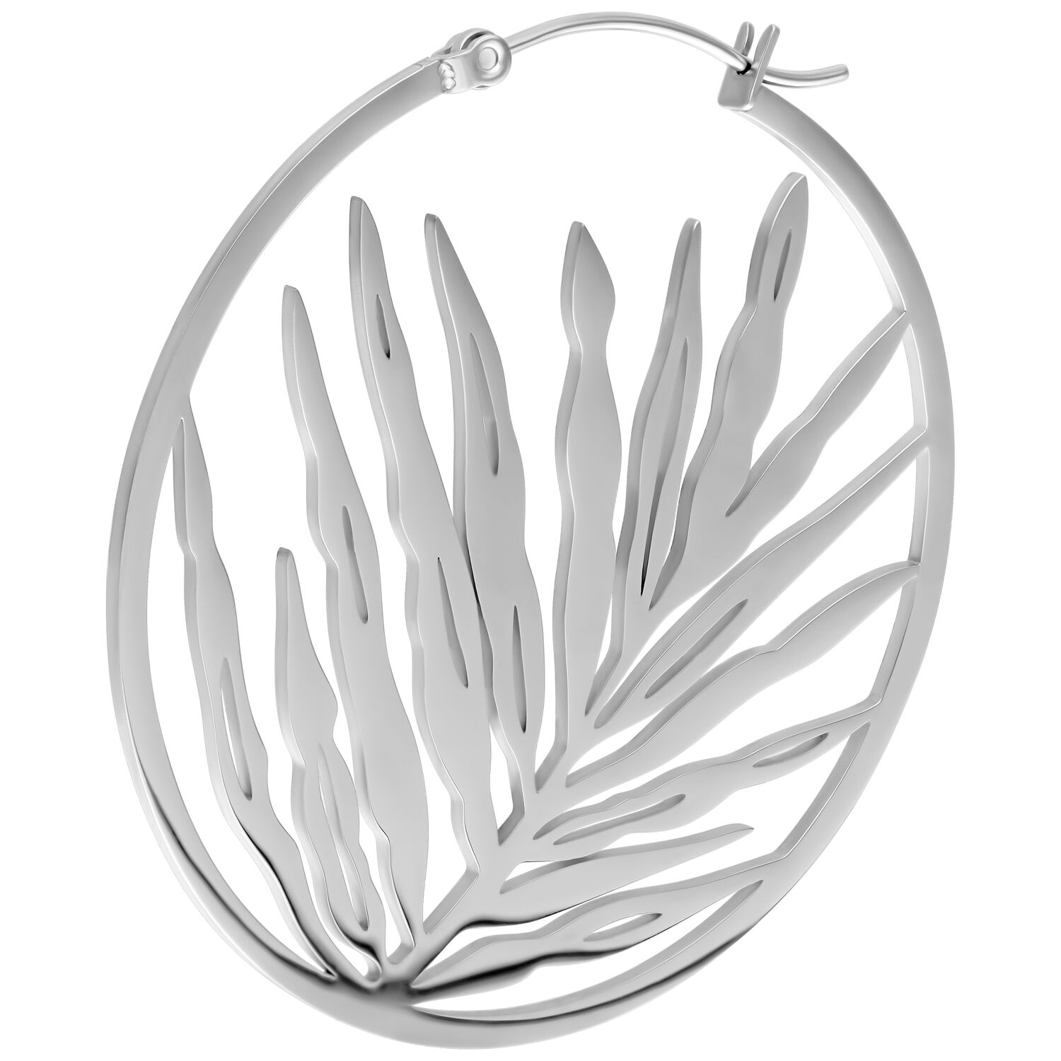 Silberne Noble Leaf Creolen Ohrringe Glänzende silberne Creole mit Blattdesign auf weißem Hintergrund