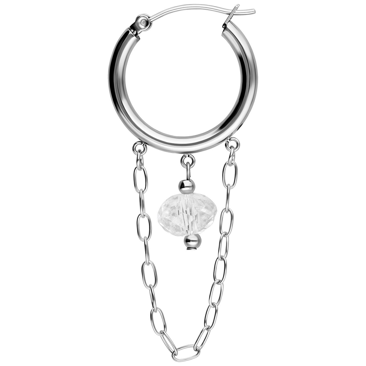Edgy weiße Stone Hoops aus Chirurgenstahl Silberner Ohrring mit Ketten und weißem Stein auf weißem Hintergrund