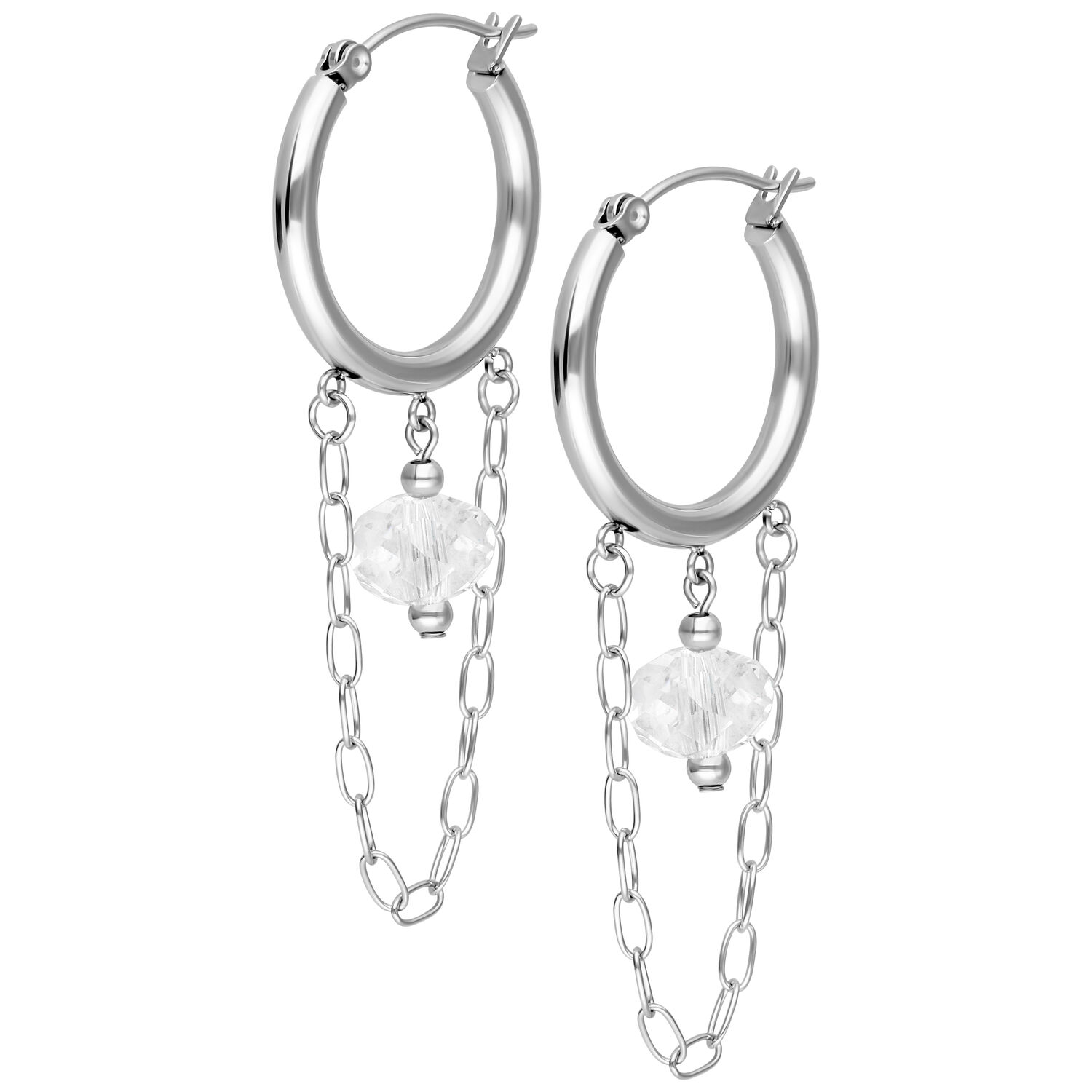 Edgy weiße Stone Hoops mit Ketten Silberne Creolen mit weißen Steinen und Ketten auf weißem Hintergrund